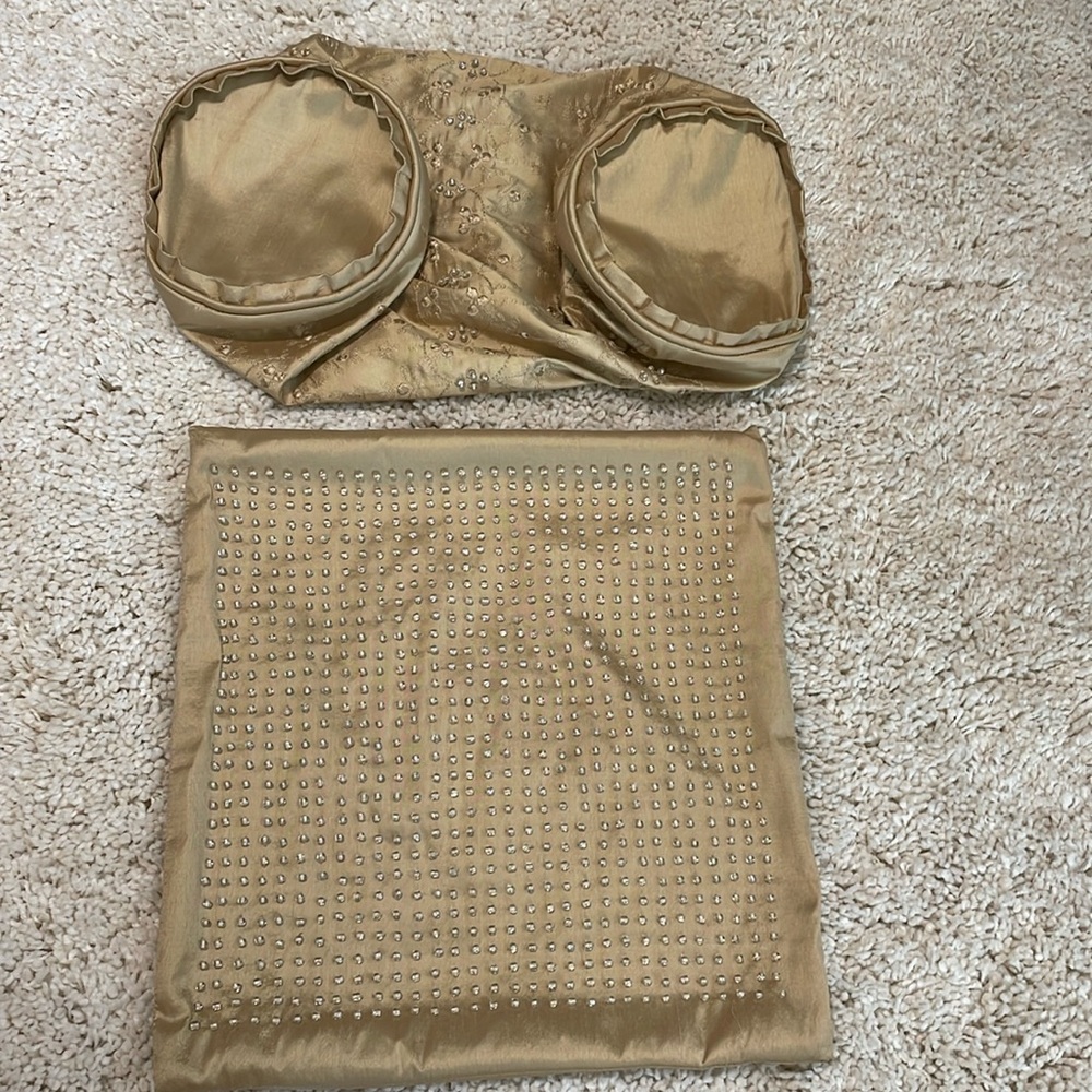 Gold real silk throw pillow bead zipper bolster set of two like new square